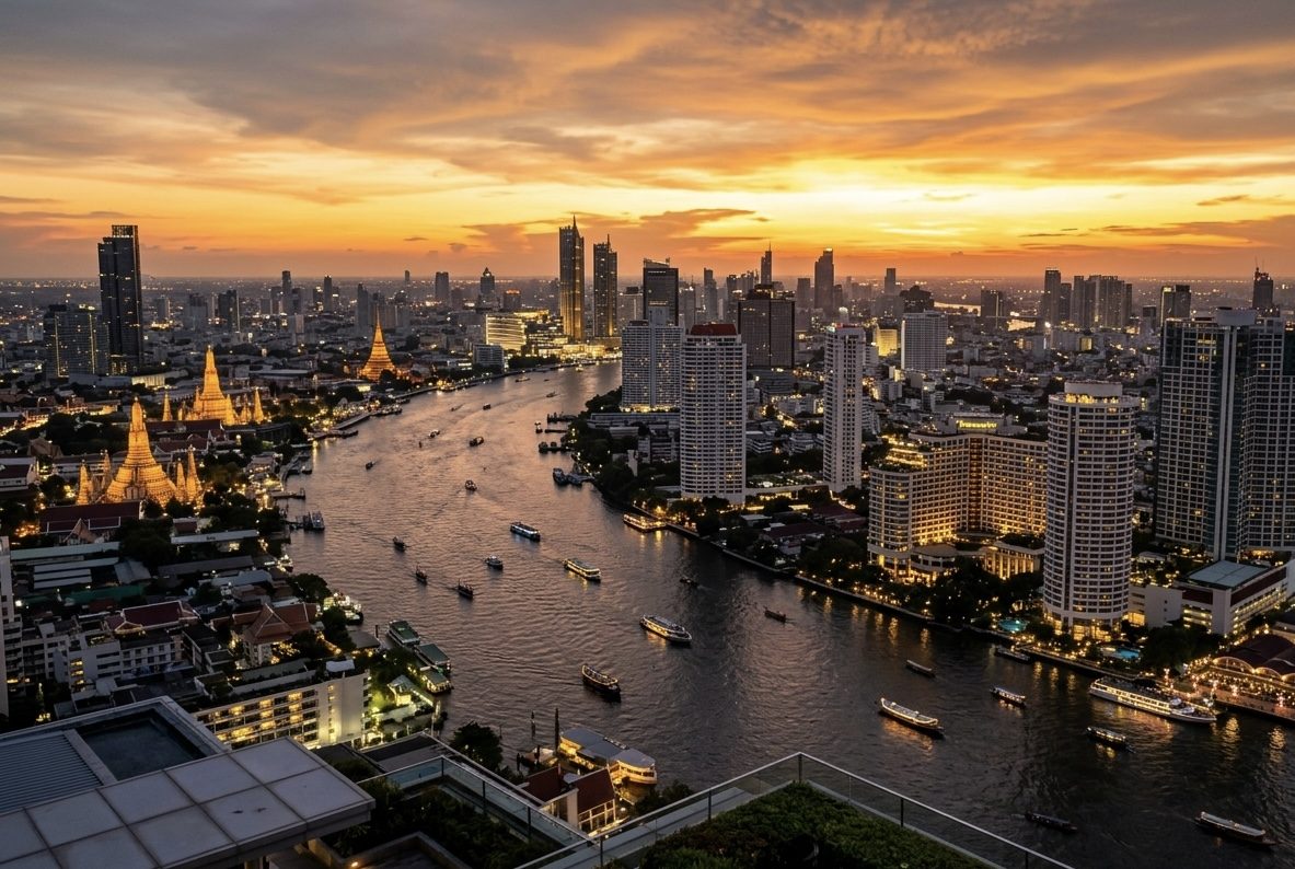 Chao Phraya river bend at sunset over Bangkok skyline — a stable long-term home base for global families