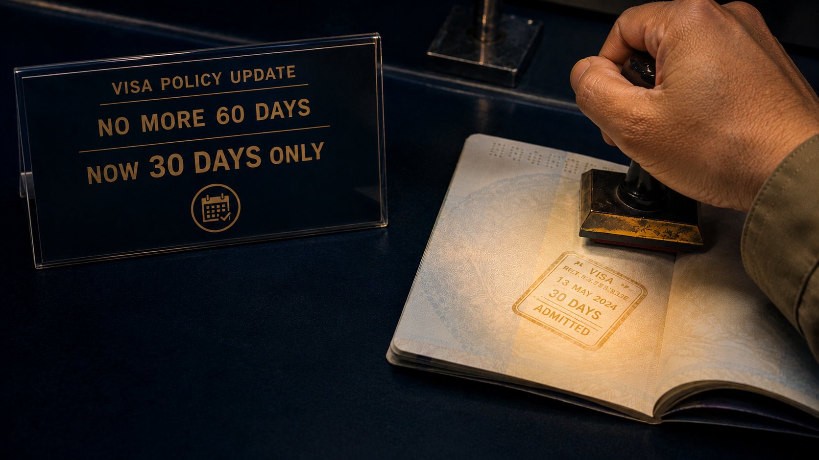 Thailand 30-day visa exemption 2026 — passport stamp at immigration counter beside 'NO MORE 60 DAYS · NOW 30 DAYS ONLY' sign
