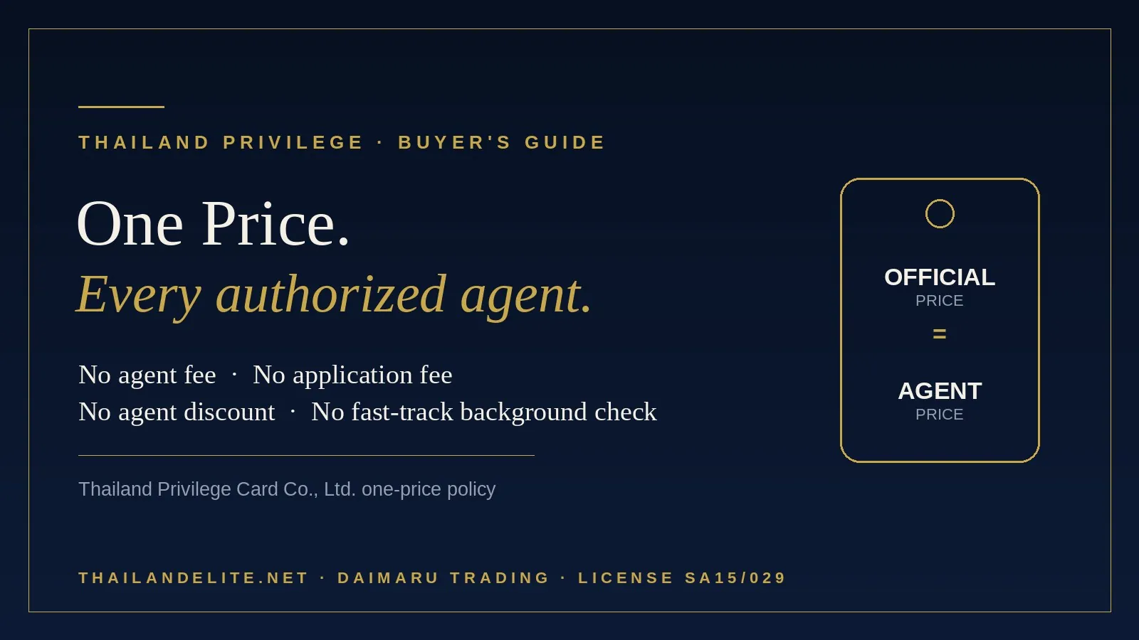Thailand Privilege one-price policy — the official price and the authorized agent price are the same; no agent fee, no application fee, no agent discount, no fast-track background check
