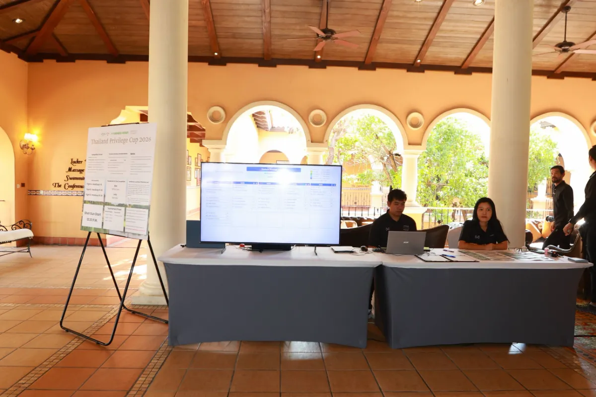 Thailand Privilege Cup 2026 registration desk and competition board in the Amata Spring Country Club clubhouse