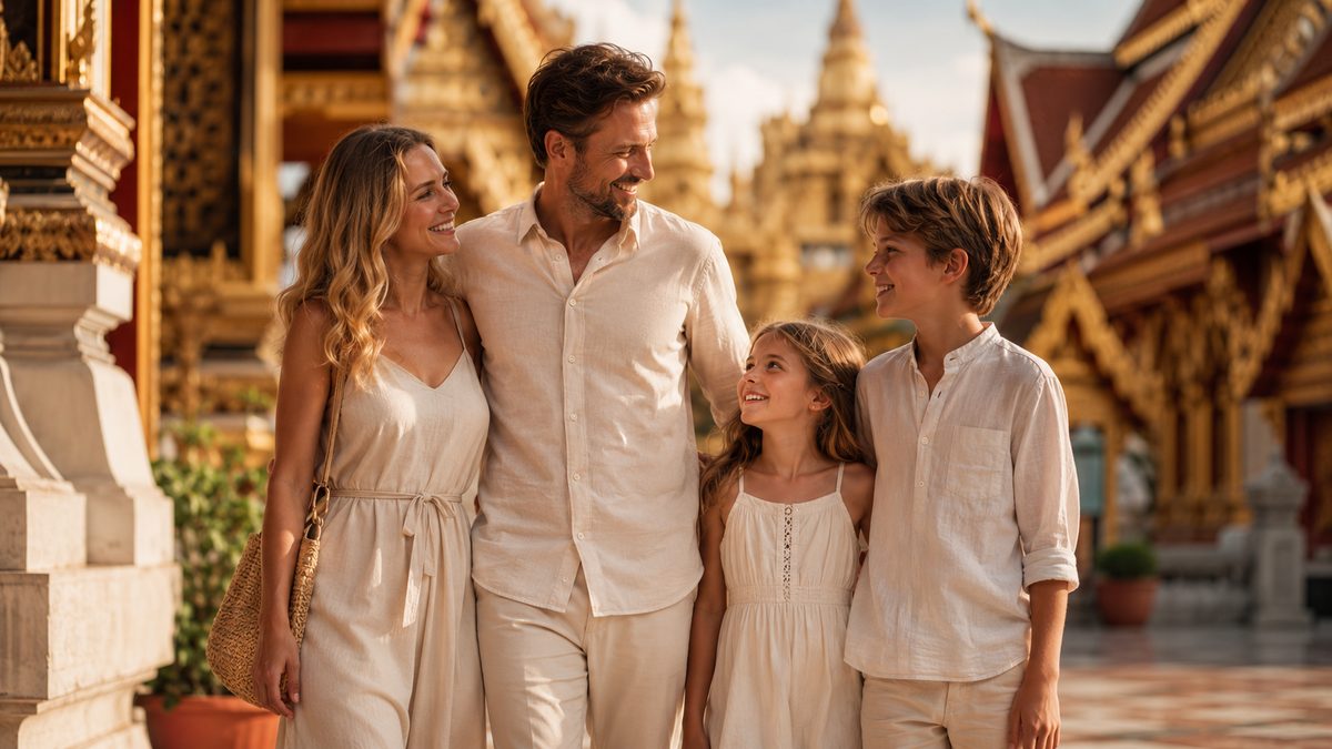 Western family of four at a Thai temple — Thailand Privilege family membership (Platinum, Diamond, Reserve)